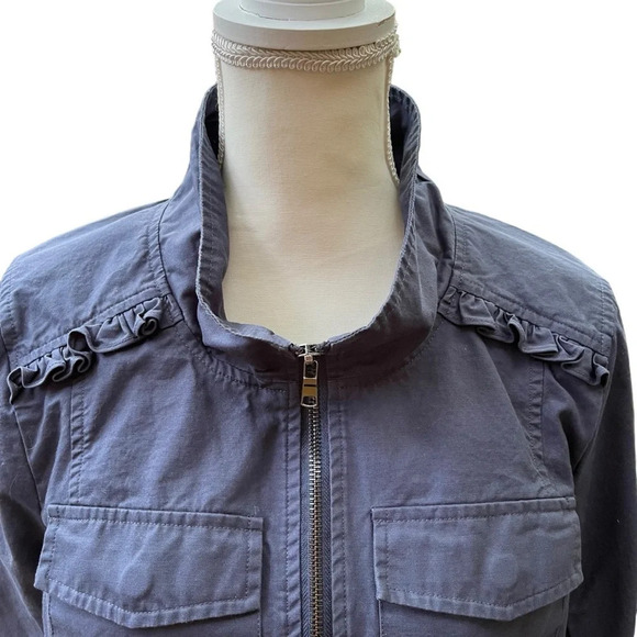 ModCloth Navy Blue Ruffle Peplum Cotton Zip Jacket Size Large - Picture 2 of 14